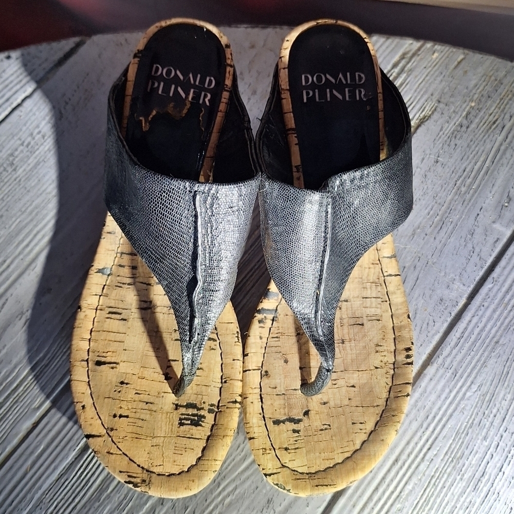 Donald J. Pliner Cork Metallic Black/Tan Leather Upper Malone Wedge Sandals 9